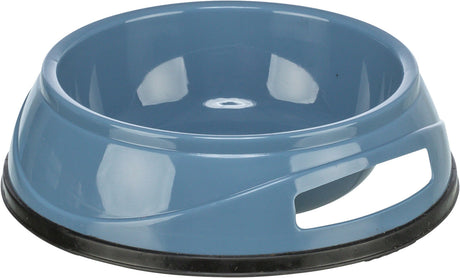 Blauer Kunststoffnapf mit breitem Rand und schwarzer Gummibasis, seitlicher Grifföffnung und glänzender Oberfläche.