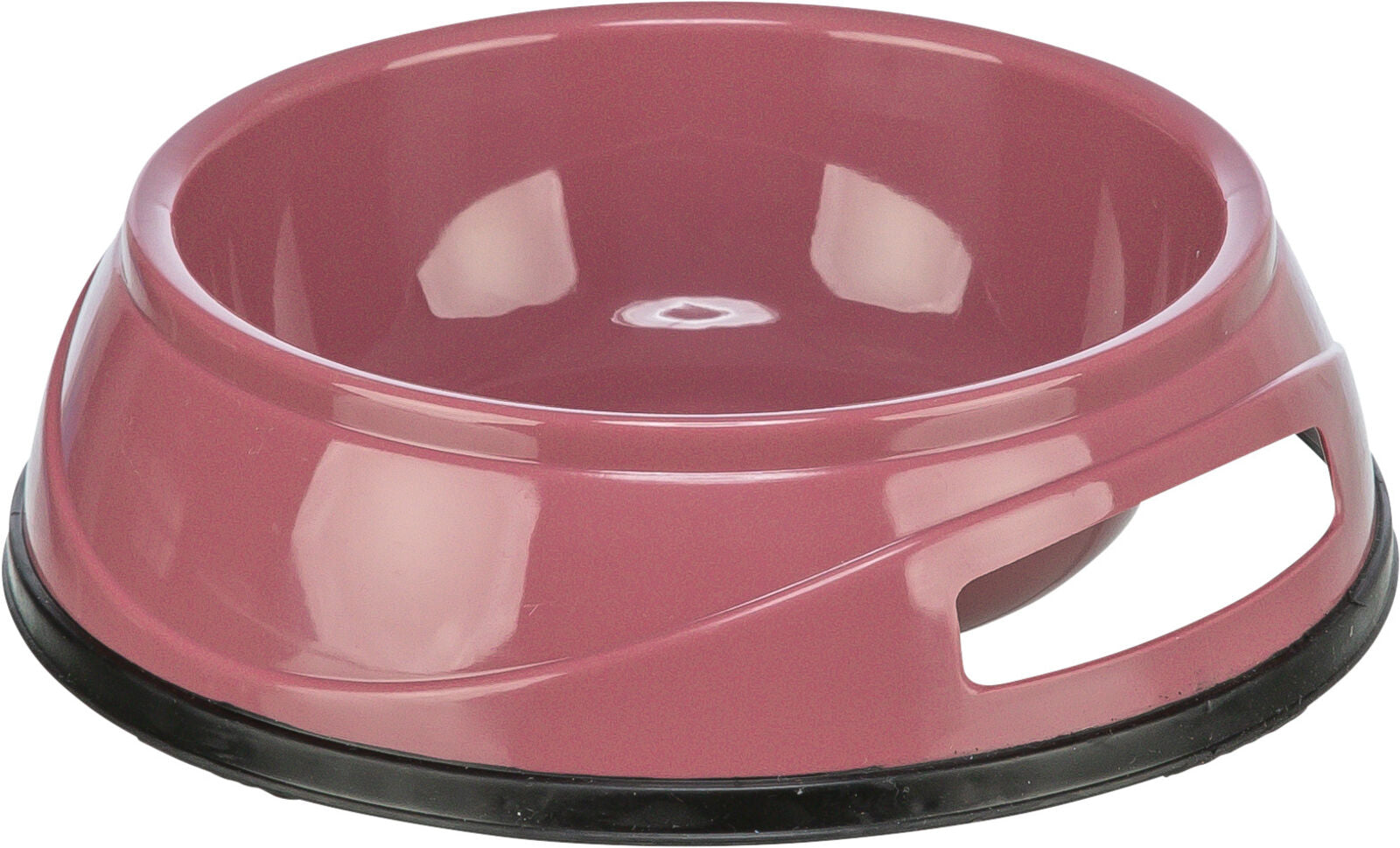 Rosa Hundenapf aus Kunststoff mit einem Griffschlitz und schwarzem rutschfestem Rand.