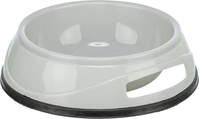 Grauer Napf aus Kunststoff mit runder Form und schwarzem rutschfestem Rand, seitliche Grifföffnung.