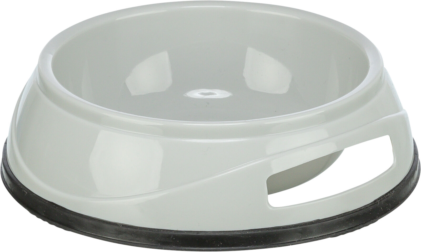 Grauer Napf aus Kunststoff mit runder Form und schwarzem rutschfestem Rand, seitliche Grifföffnung.