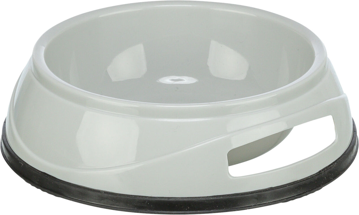 Grauer Napf aus Kunststoff mit runder Form und schwarzem rutschfestem Rand, seitliche Grifföffnung.