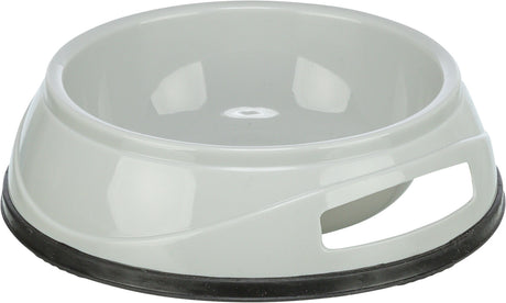 Grauer Napf aus Kunststoff mit runder Form und schwarzem rutschfestem Rand, seitliche Grifföffnung.