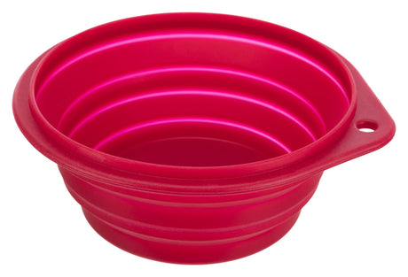 Rote, faltbare Schüssel mit gerillten Seiten und Loch am Rand, aus flexiblem Material.