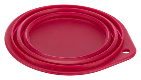 Runde, rot gefärbte Kunststoffmatte mit mehrschichtigem Rand und einem kleinen Loch am äußeren Rand.