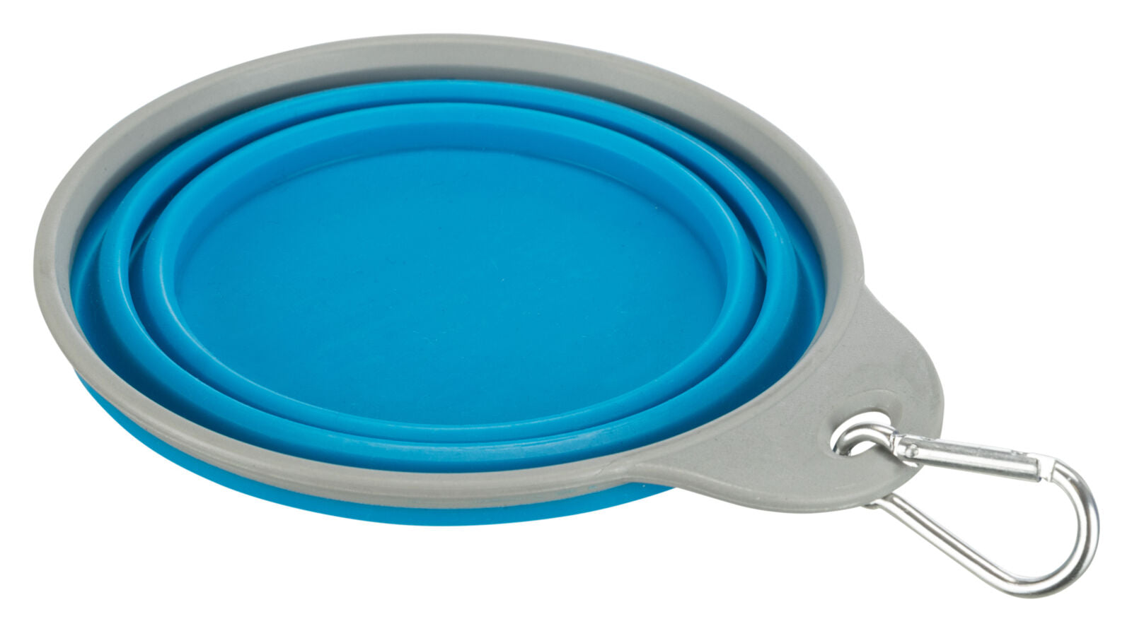 Kollapsible blaue Silikonschüssel mit grauem Rand und Metallkarabiner.
