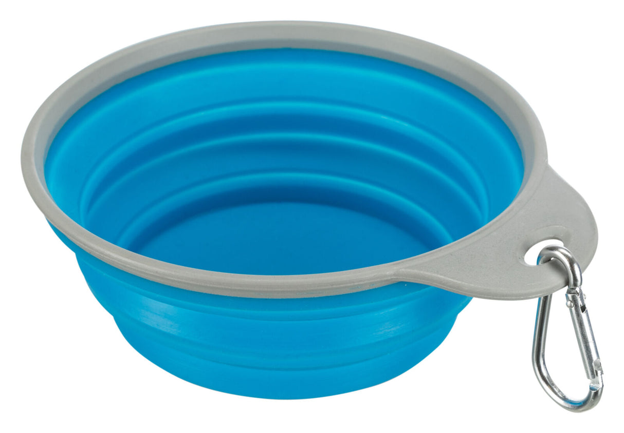 Kollapsible blaue Silikonschüssel mit grauem Rand und Metallkarabiner.