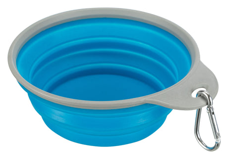 Kollapsible blaue Silikonschüssel mit grauem Rand und Metallkarabiner.