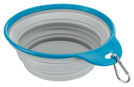 Zusammenklappbarer, grauer und blauer Silikonnapf mit Karabiner, ideal für unterwegs.