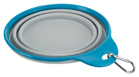 Zusammenklappbarer, runder Napf in Blau und Grau mit Karabinerhaken.