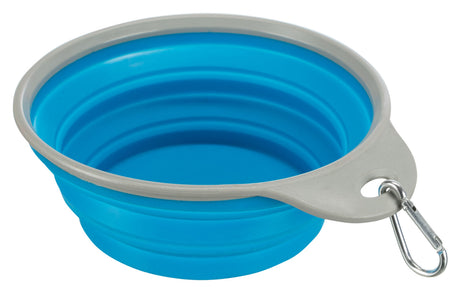 Zusammenklappbare blaue Schüssel mit grauem Rand und Karabinerhaken an der Seite.