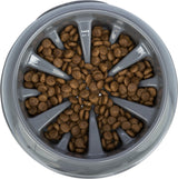 Runde graue Futterschale mit erhöhten Trennwänden, gefüllt mit braunem Trockenfutter.