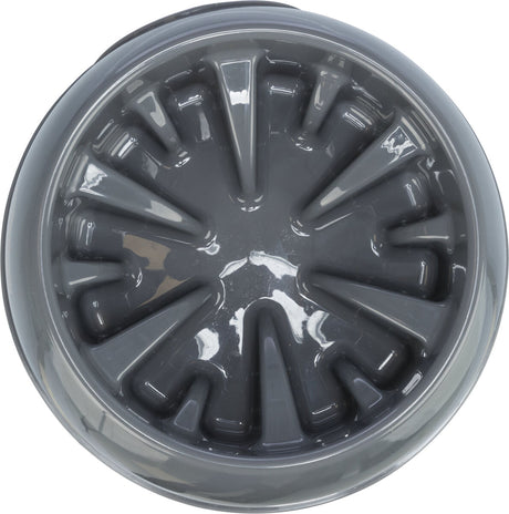 Runde graue Schale mit erhöhten Mustern im Inneren und glänzender Oberfläche.