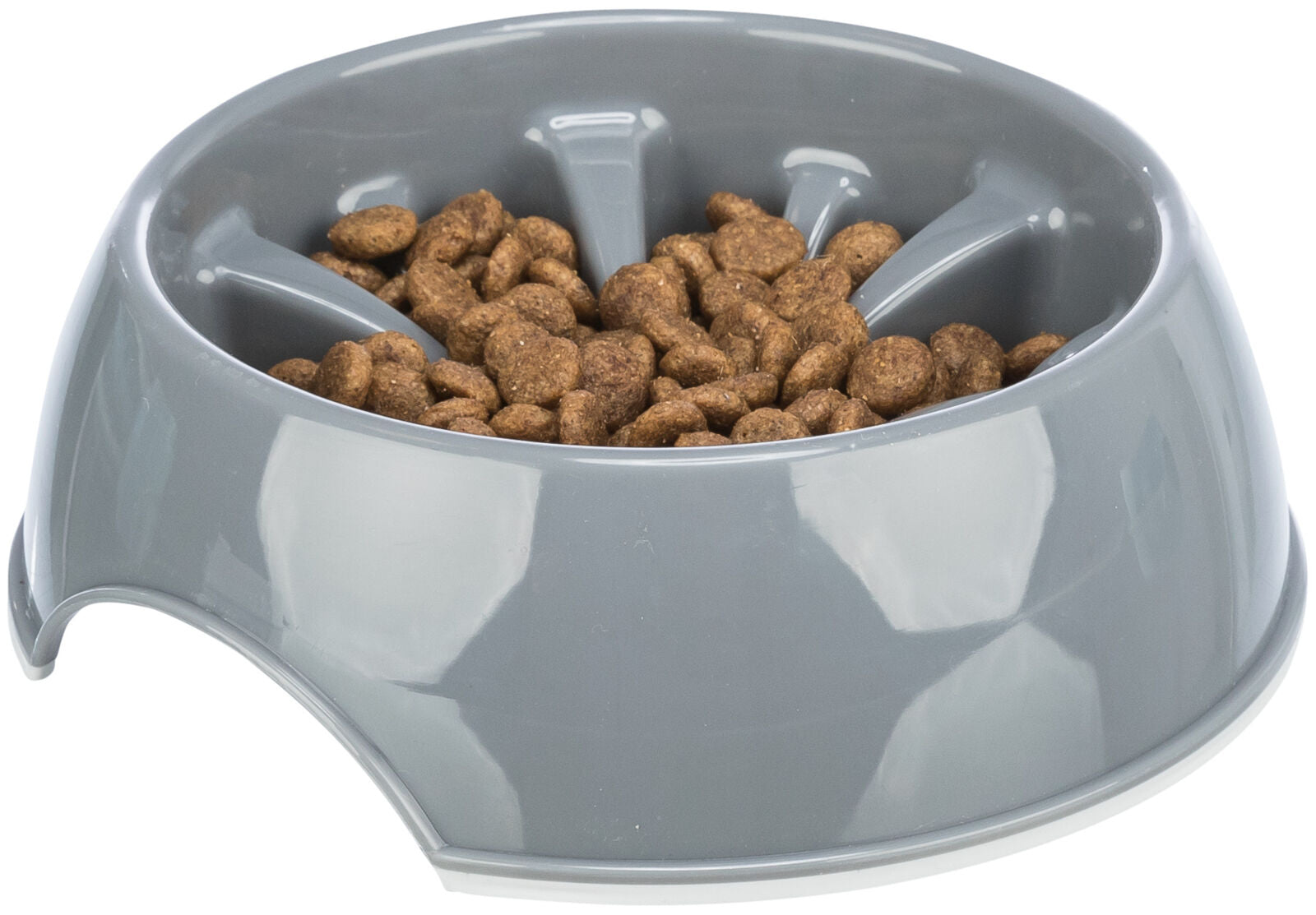 Grauer Hundenapf mit rutschfester Unterseite, gefüllt mit braunem Trockenfutter.