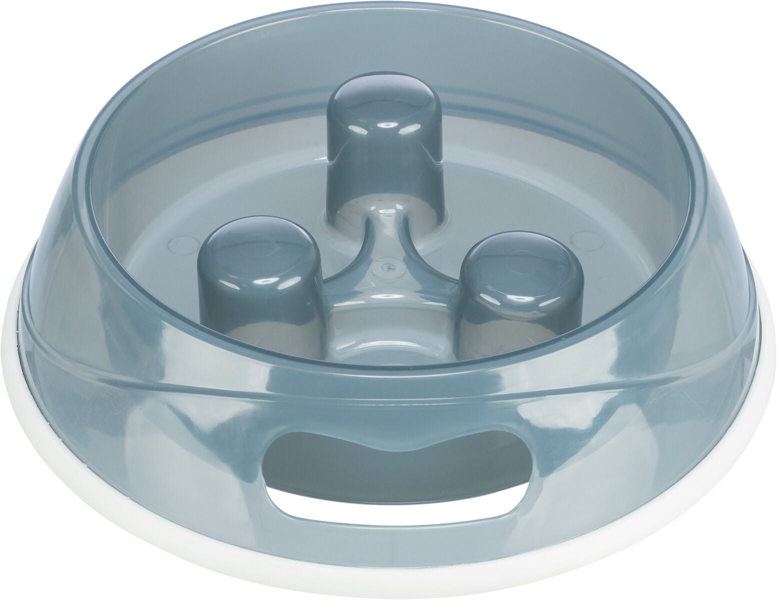 Graue Futterschale mit mehreren erhöhten Strukturen im Inneren, rutschfester Boden, aus Kunststoff.