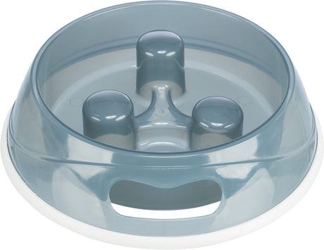 Graue Futterschale mit mehreren erhöhten Strukturen im Inneren, rutschfester Boden, aus Kunststoff.