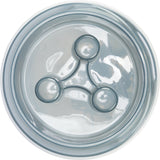 Runde, transparente Kunststoffschale mit erhöhtem Muster in der Mitte bestehend aus verbundenen Kreisen.