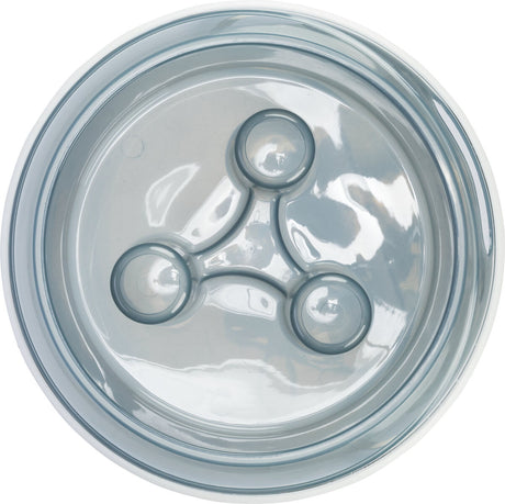 Runde, transparente Kunststoffschale mit erhöhtem Muster in der Mitte bestehend aus verbundenen Kreisen.