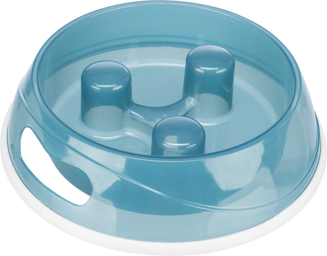 Transparenter, blauer Futternapf mit erhöhten Bereichen im Inneren, runder Form und weißen Randdetails.
