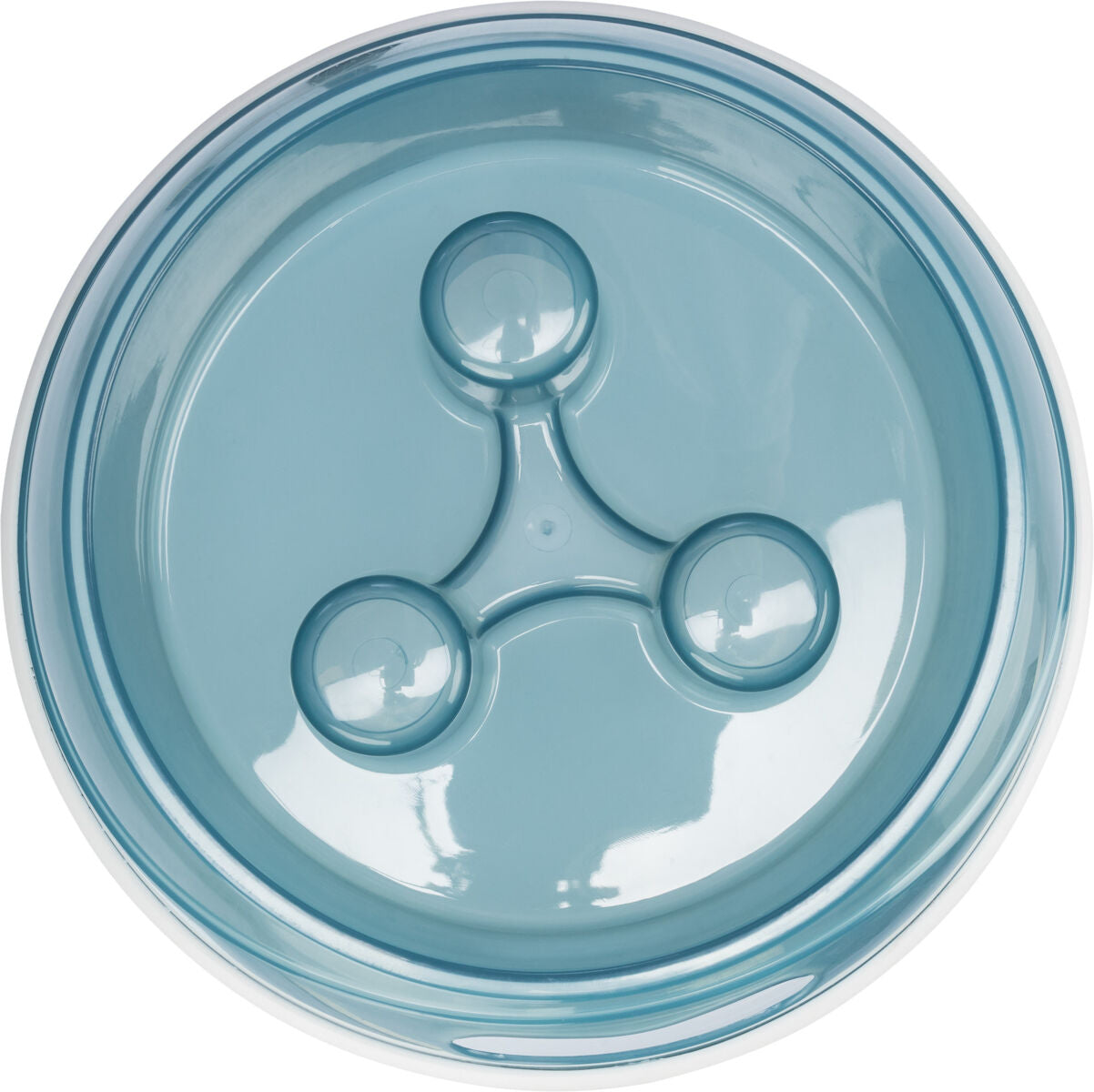 Runde, blaue Platte mit drei erhabenen, kugelartigen Strukturen im Inneren, glänzende Oberfläche.