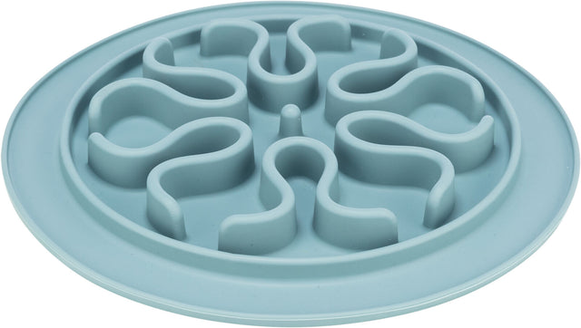 Runde türkise Silikonmatte mit erhöhten, geschwungenen Barrieren in einem spiralförmigen Design.