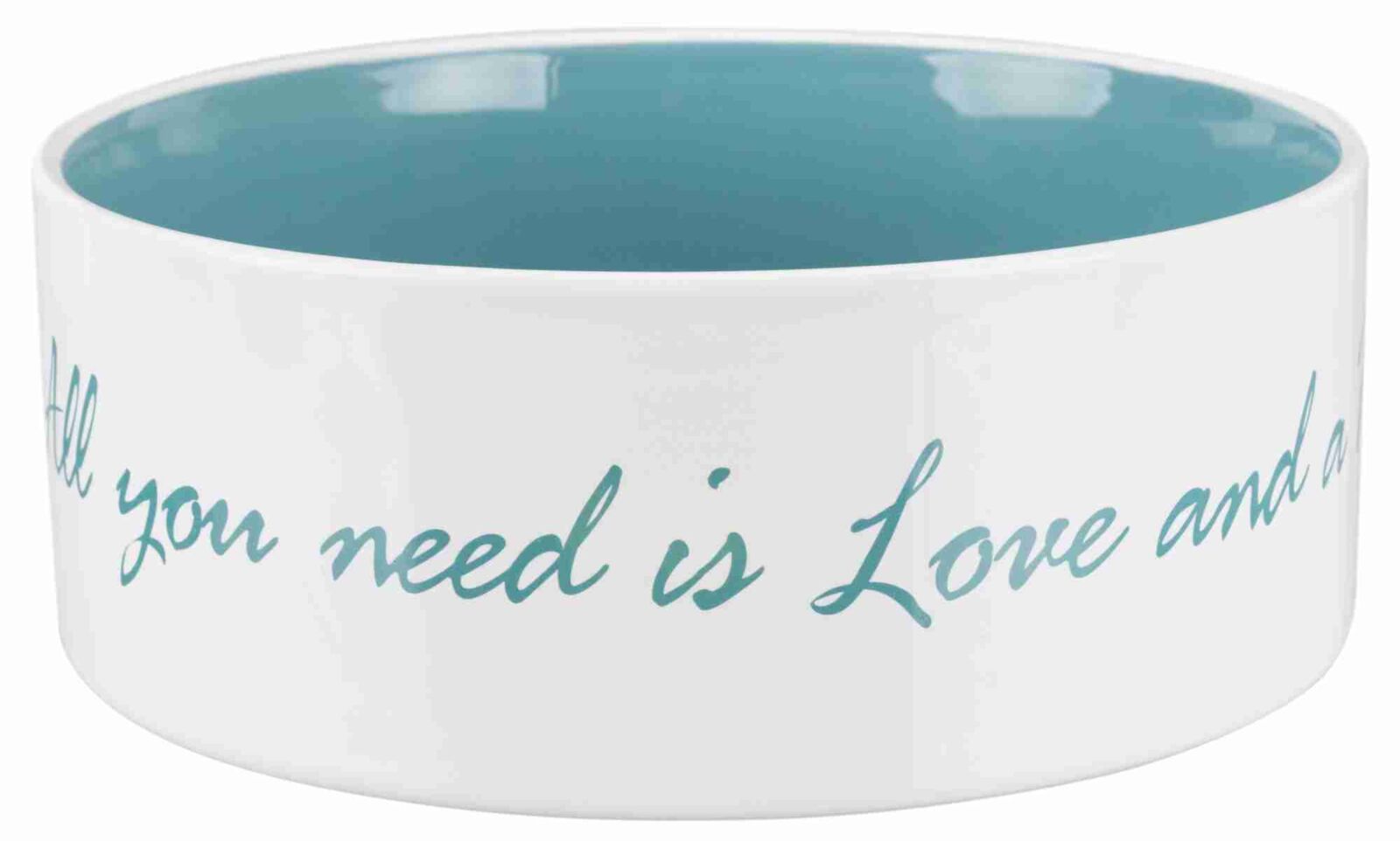 Weiße Schale mit hellblauer Innenseite und dem Text "All you need is Love and a" in hellblauer Schrift.