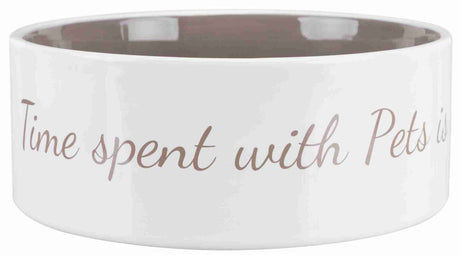 Weiße Futterschale mit der Aufschrift "Time spent with Pets" in grauer Schrift.
