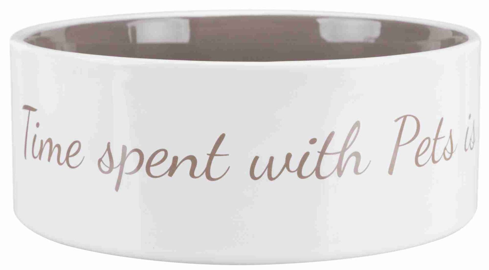 Weiße Futterschale mit der Aufschrift "Time spent with Pets" in grauer Schrift.