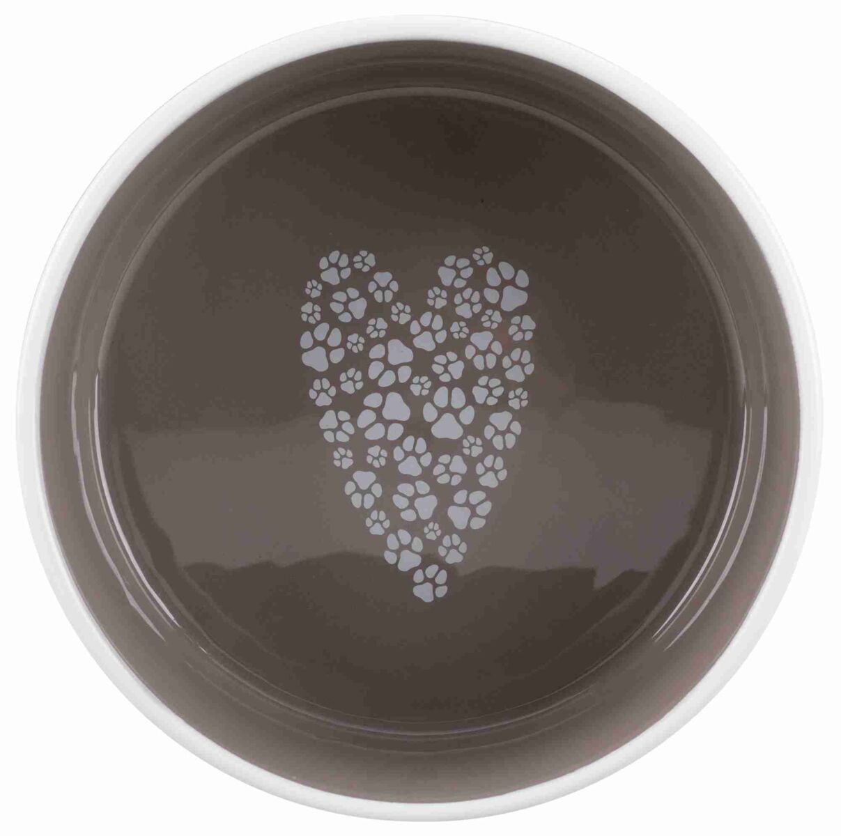 Runde graue Schale mit Pfotenabdruckmuster in Herzform im Inneren.