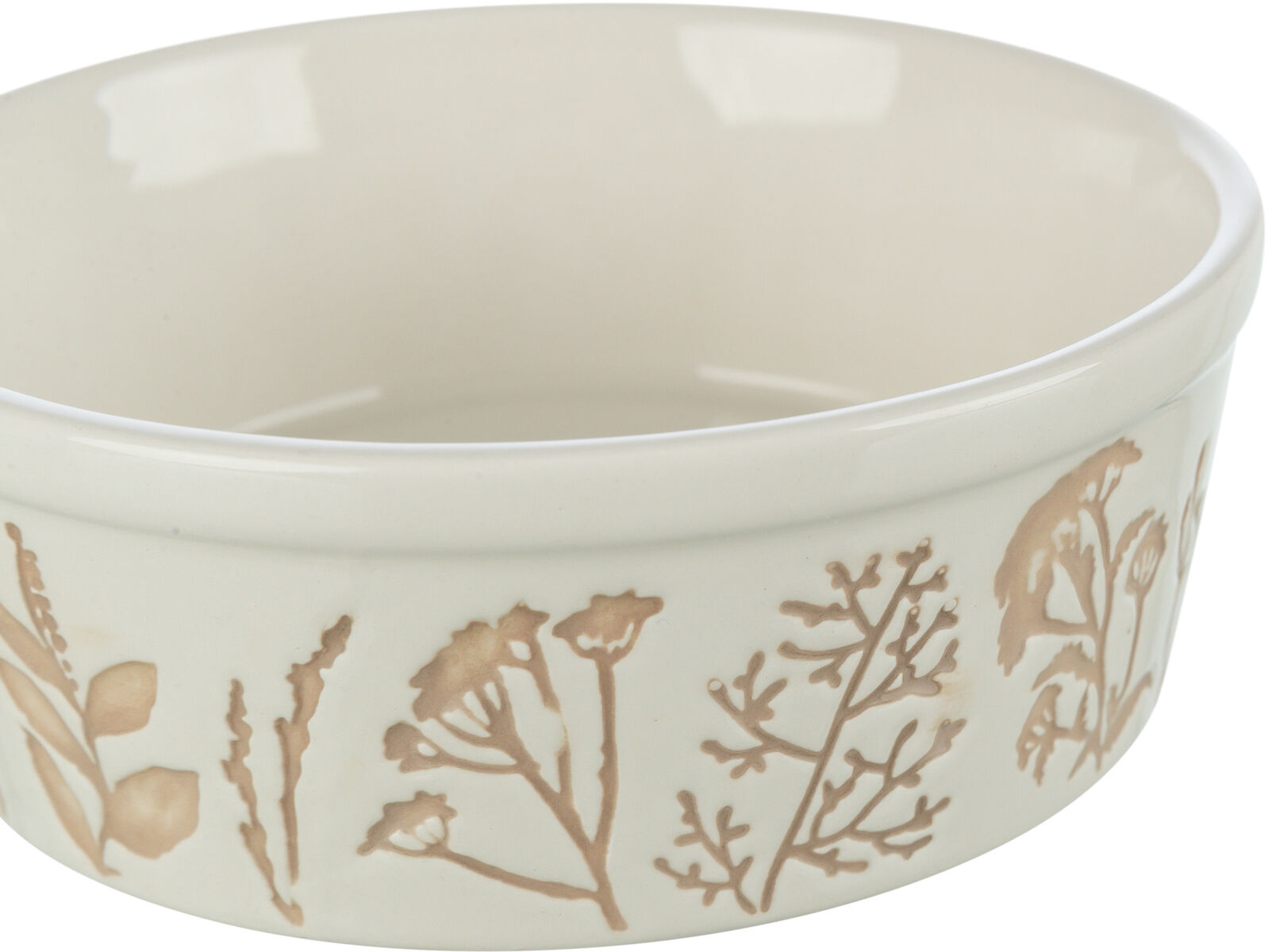 Keramikschüssel mit beige-grauem Pflanzenmuster auf der Außenfläche, runde Form, weißer Grundton.