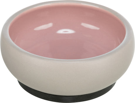 Runde Schale mit mattgrauer Außenseite und glänzend rosa Innenseite, schwarzer Boden.