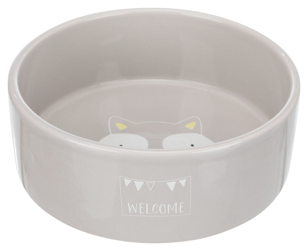 Graue, runde Schüssel mit Katzenmotiv innen und "WELCOME"-Schriftzug außen.