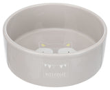 Graue, runde Schüssel mit Katzenmotiv innen und "WELCOME"-Schriftzug außen.