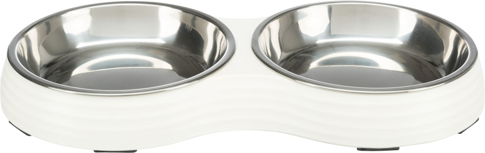 Doppelnapf aus Metall in weißem Gestell, zwei runde Edelstahl-Schalen nebeneinander, matte Oberfläche.