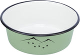 Grüne Schüssel mit weißem Innenraum und schwarzen Berg- und Pfotensymbolen, schwarzer Rand oben.