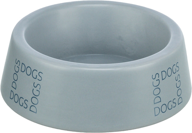 Grauer Futternapf mit dem blauen Schriftzug "DOGS" an der Außenseite.