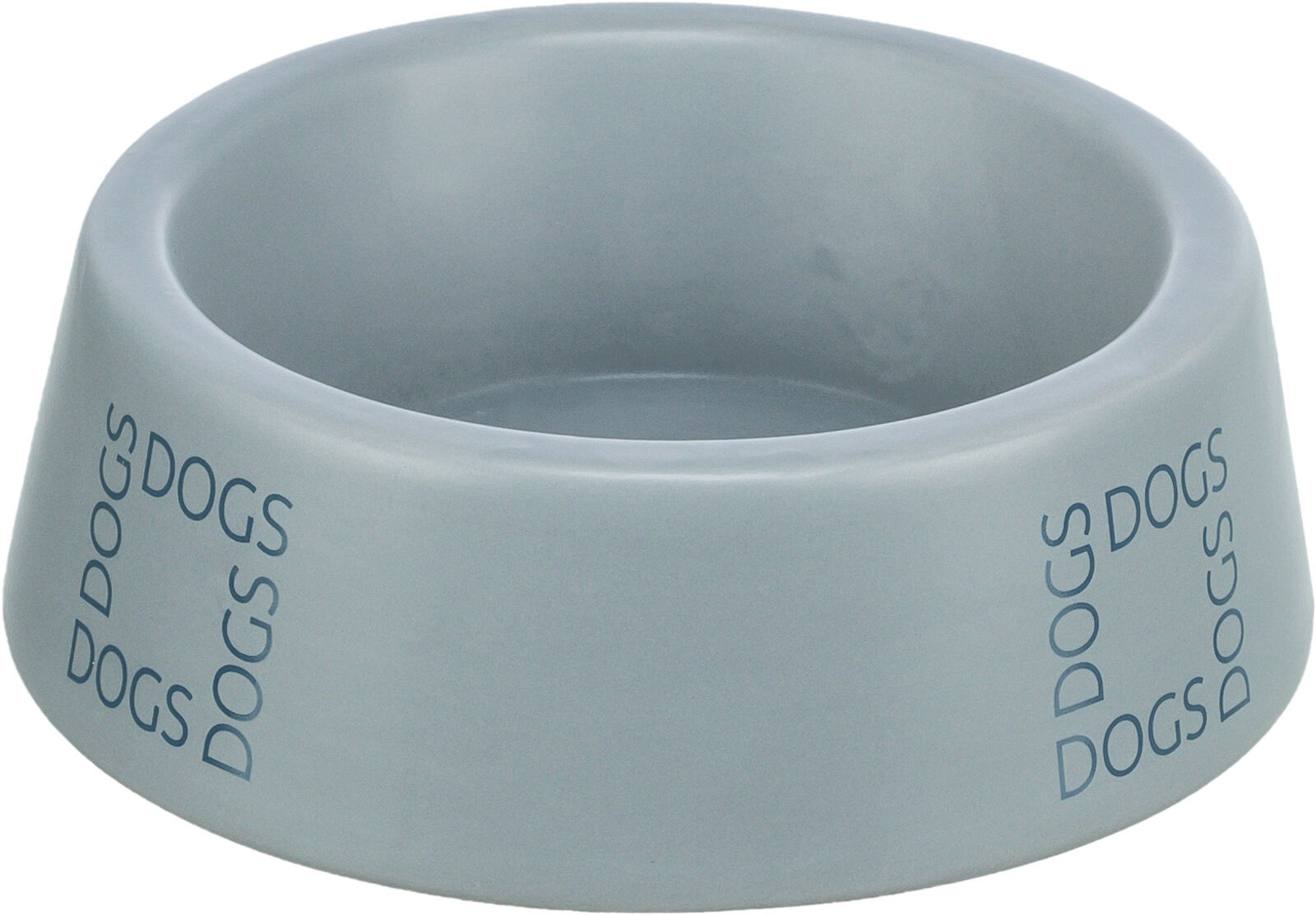 Grauer Futternapf mit dem blauen Schriftzug "DOGS" an der Außenseite.