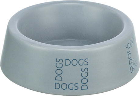 Grauer Napf mit dem Aufdruck "DOGS" auf der Außenseite, geeignet als Futternapf für Hunde.
