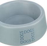 Grauer Napf mit blauem Schriftzug "DOGS" an der Seite.