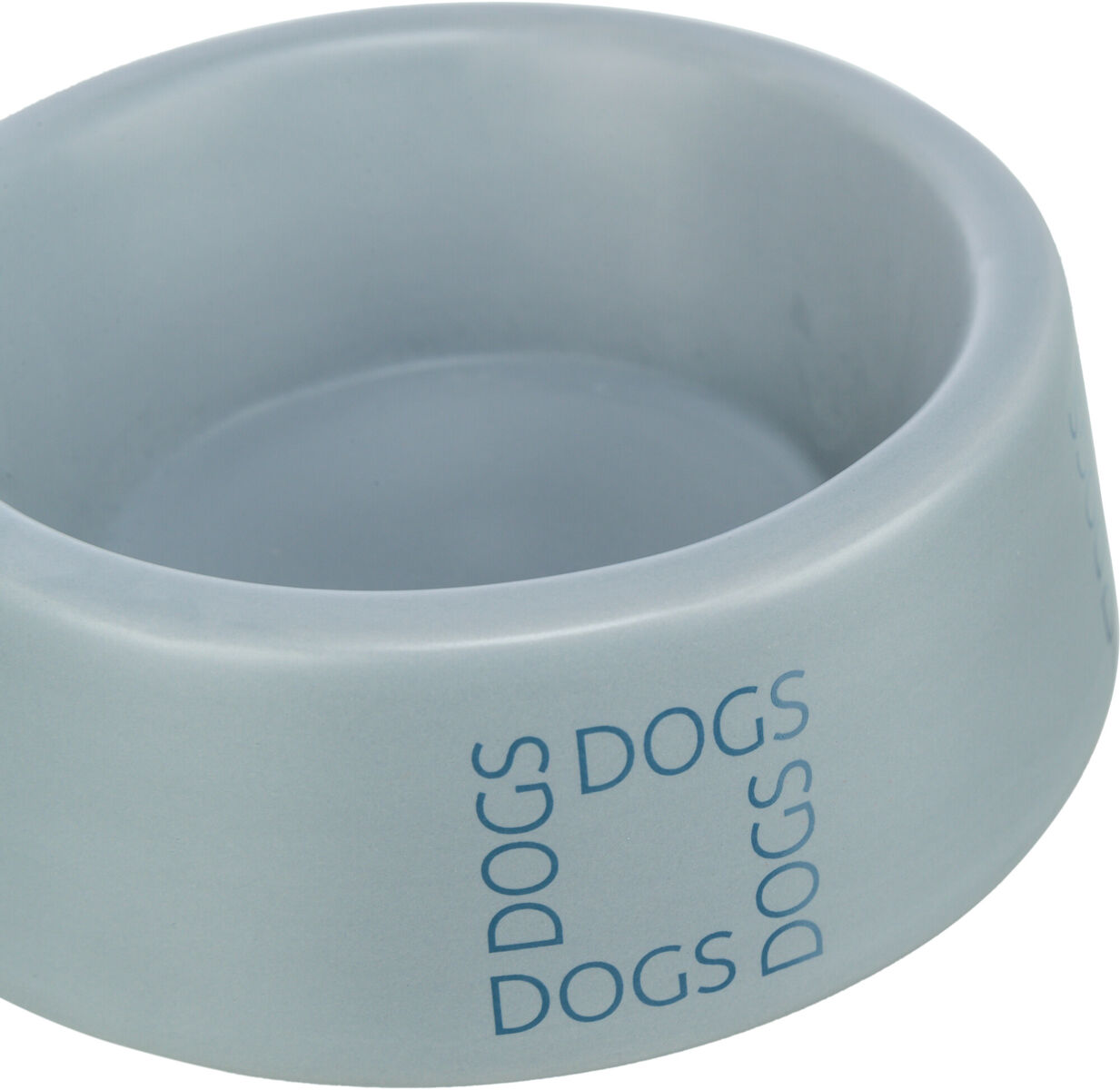 Grauer Napf mit blauem Schriftzug "DOGS" an der Seite.