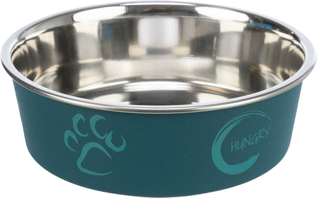 Metallnapf mit blauem Rand und Pfotenabdruck sowie dem Wort "Hungry" darauf.