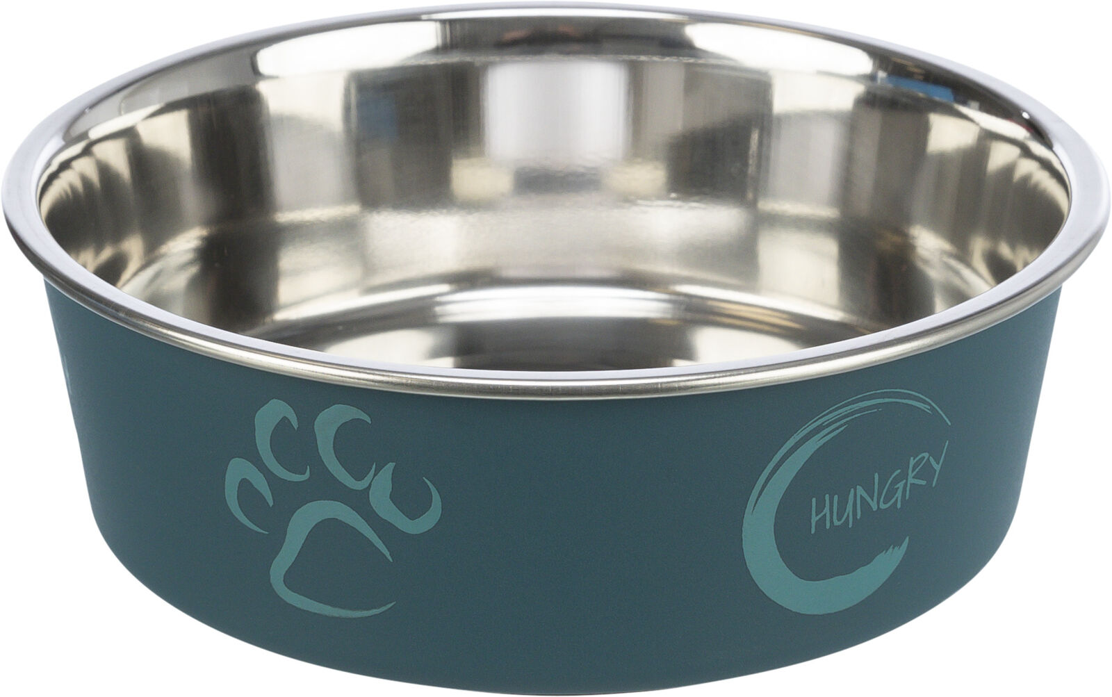 Metallnapf mit blauem Rand und Pfotenabdruck sowie dem Wort "Hungry" darauf.