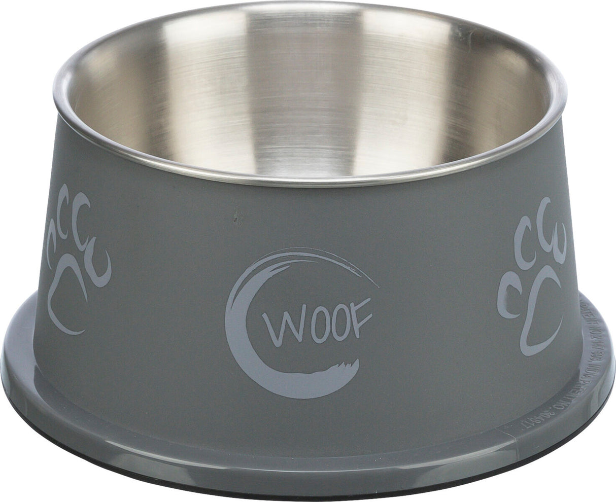 Grauer Futternapf mit silberner Innenschale, Pfotenabdrücke und Schriftzug "WOOF" auf der Außenseite.