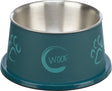 Futternapf aus Edelstahl mit blauer Außenseite und Pfotenabdrücken, mittig steht "Woof".