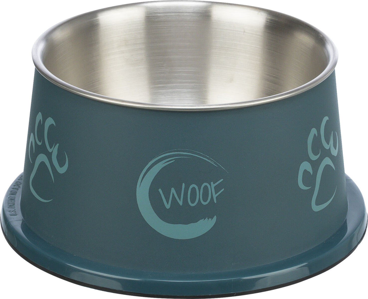Futternapf aus Edelstahl mit blauer Außenseite und Pfotenabdrücken, mittig steht "Woof".