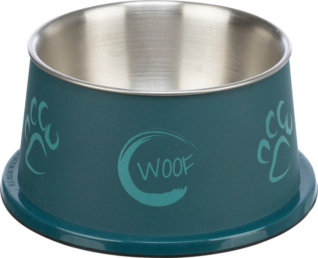Futternapf aus Edelstahl mit blauer Außenseite und Pfotenabdrücken, mittig steht "Woof".