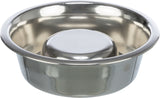 Metallschale mit erhöhtem Mittelteil und glänzender silberner Oberfläche.