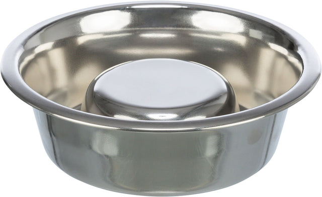 Metallschale mit erhöhtem Mittelteil und glänzender silberner Oberfläche.