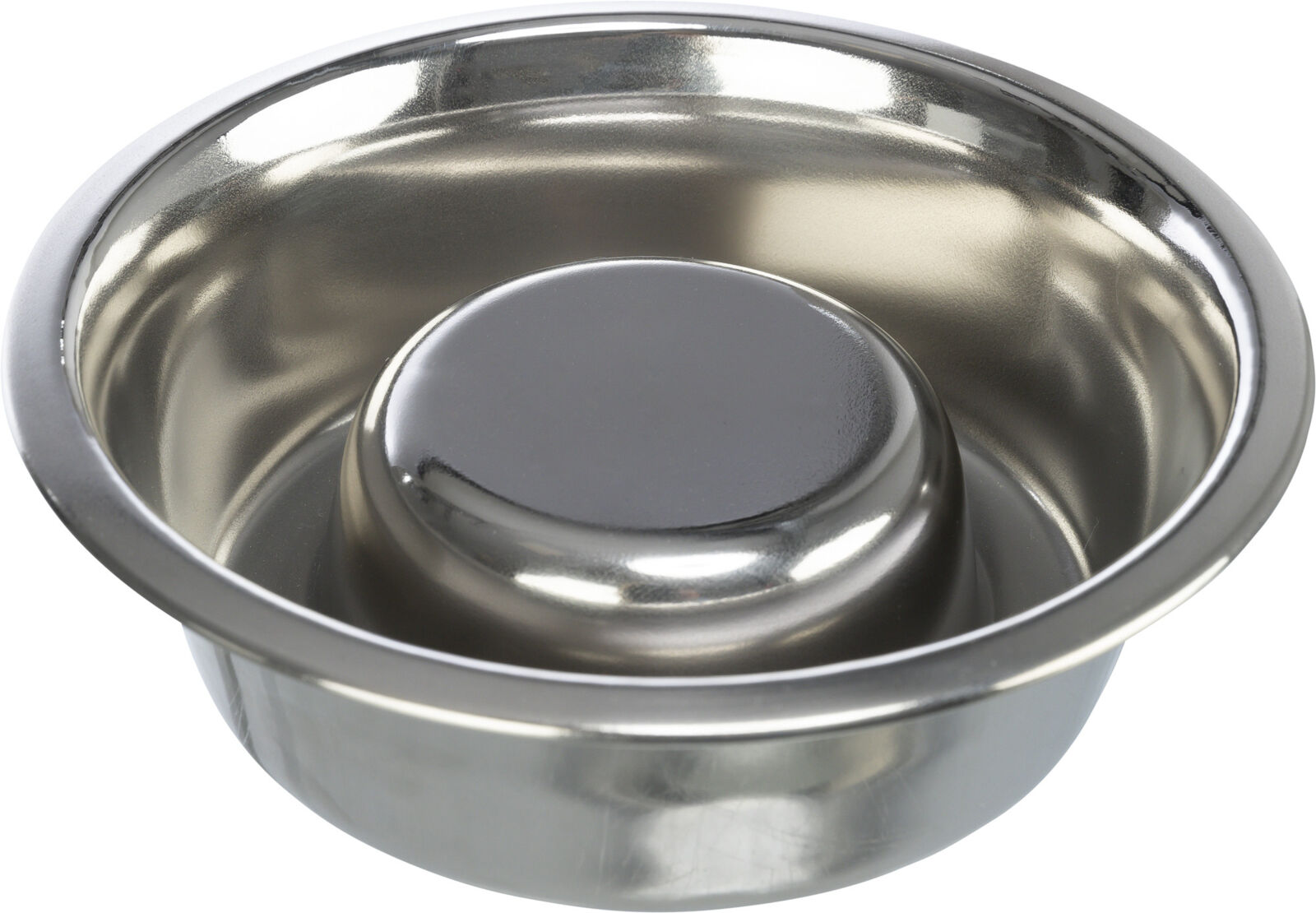 Metallschüssel mit erhöhtem Mittelteil und glänzender Oberfläche, in silberner Farbe.