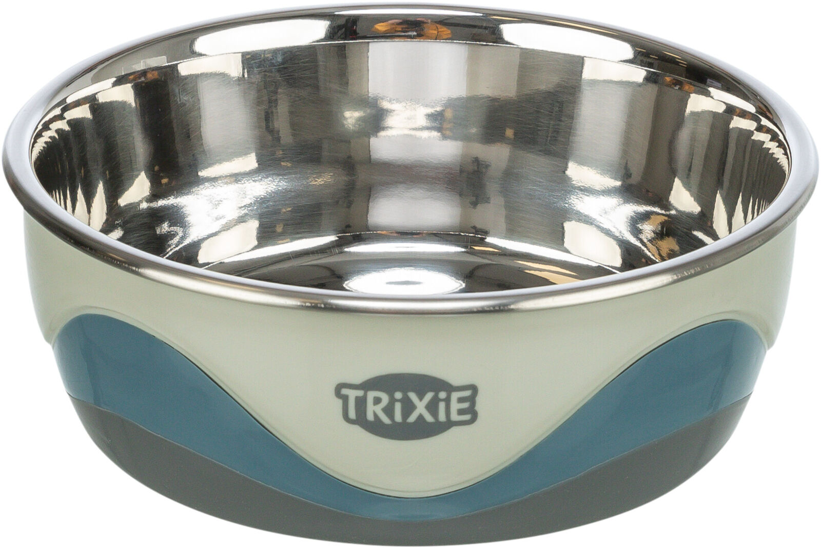 Metallschüssel mit blau-weißer Außenseite und einem Logo mit der Aufschrift "Trixie" in der Mitte.