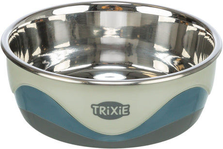 Metallschüssel mit blau-weißer Außenseite und einem Logo mit der Aufschrift "Trixie" in der Mitte.